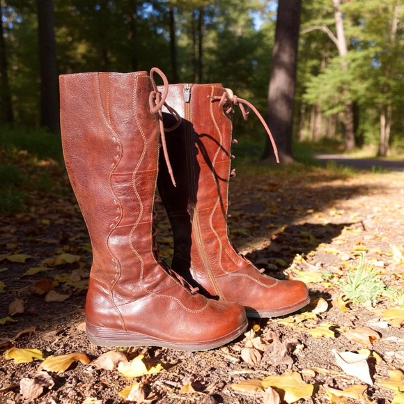 Vintage Dansko Leather Cognac Tall Knee High Lace Up Wedge Boots RARE - Picture 8 of 12